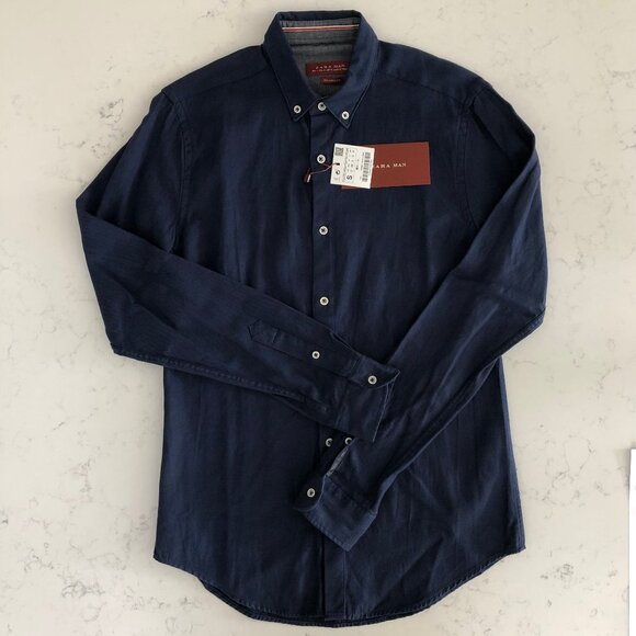 Zara Man Relaxed Fit Casual Lg Slv Button Down Cotton Oxford Shirt Navy Sz S NWT - Picture 2 of 13